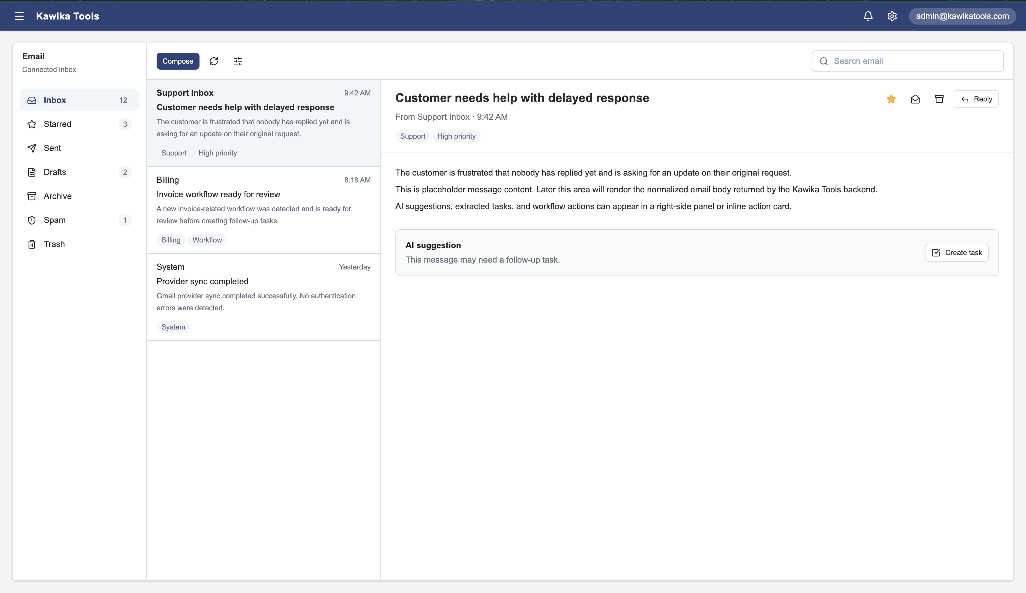 Kawika Tools Email AI Core Interface